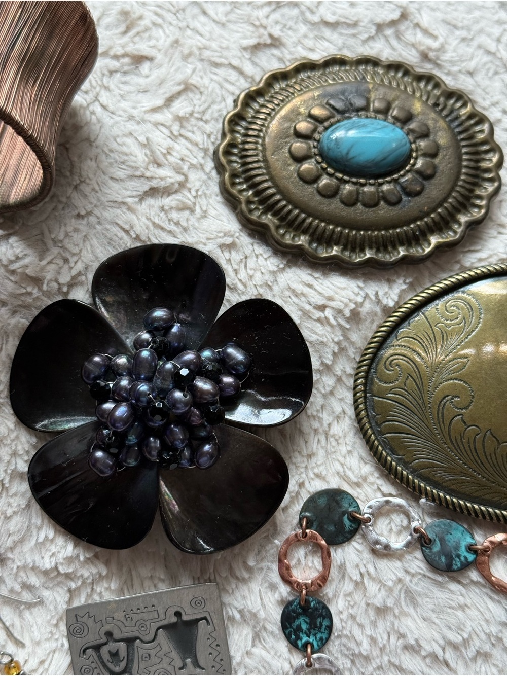 Vintage jewelry bundle, 4 bracelets, 2 pins, 3pr earrings, 2 belt buckles. - Picture 5 of 16